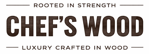 Logo of Chef's Wood with text 'Rooted in Strength' and 'Luxury Crafted in Wood' on a white background.