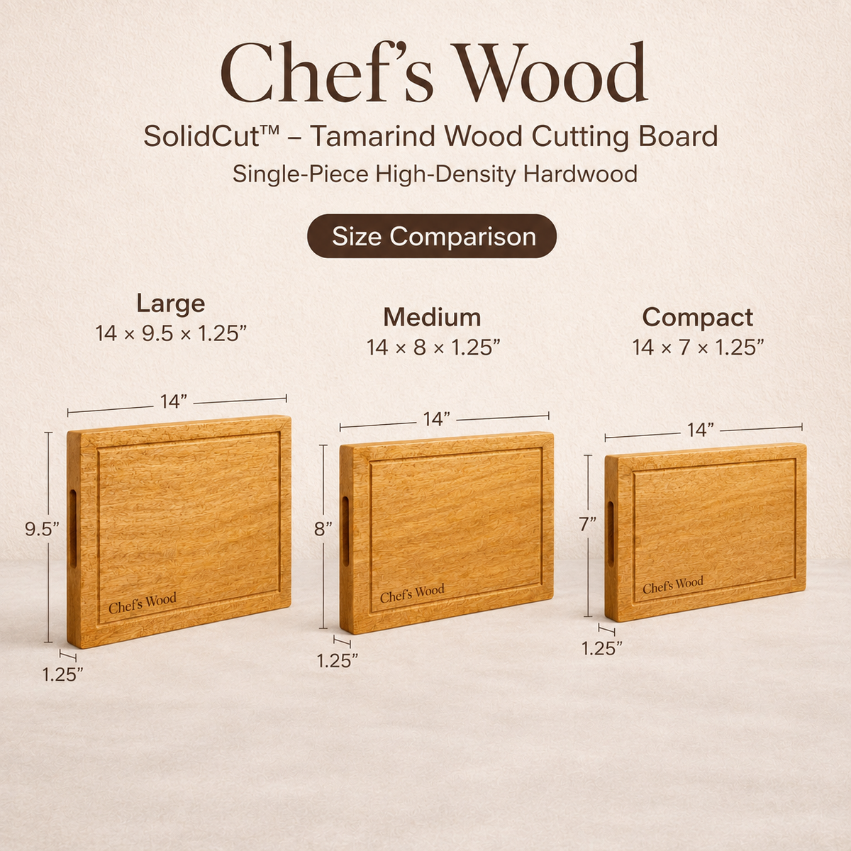 Chef’s Wood SolidCut™ – Tamarind Wood Cutting Board | 1.25-Inch Thick, Single-Piece High-Density Hardwood